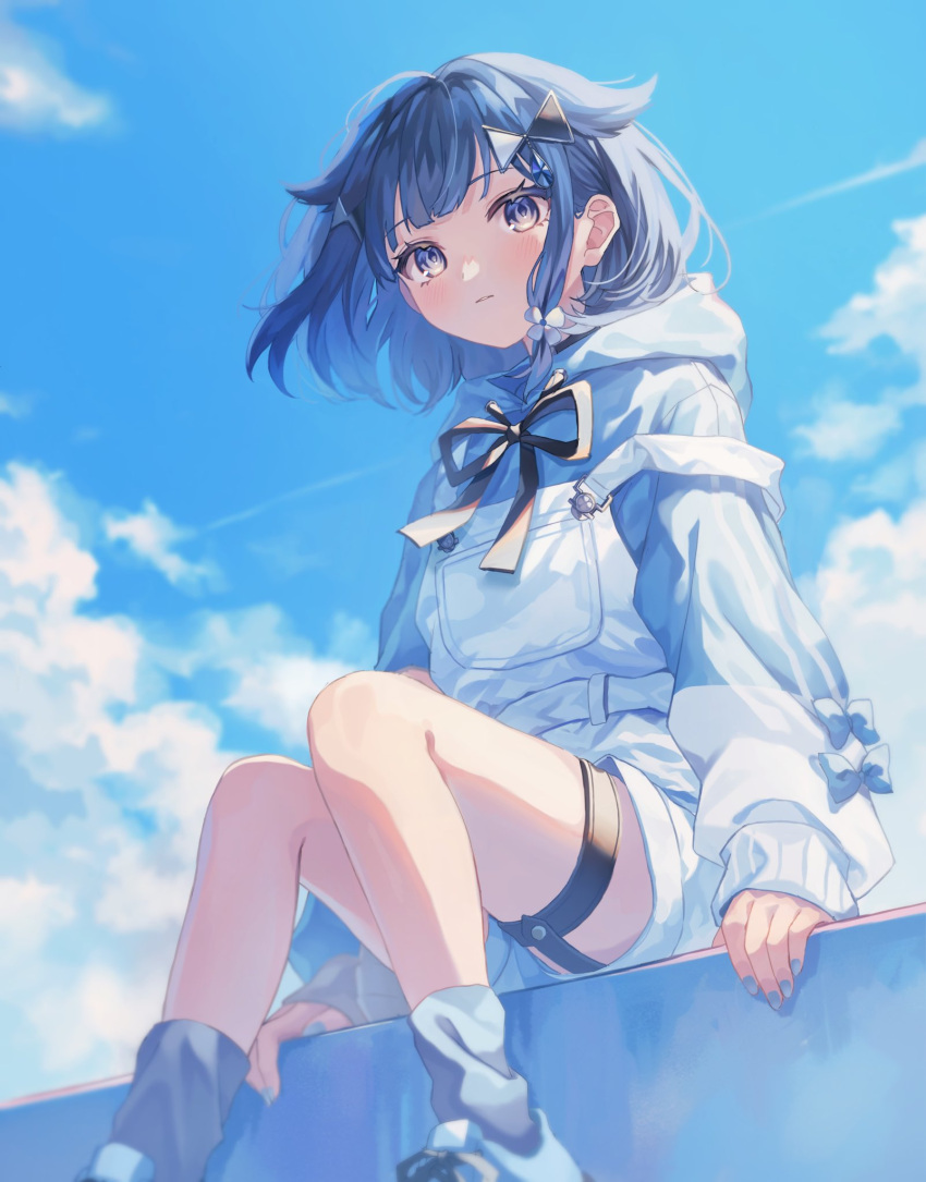 1girl akr_tmr bare_legs blue_eyes blue_footwear blue_hair blue_hoodie blue_nails blue_sky blush character_request clouds cloudy_sky copyright_request day feet_out_of_frame grey_socks hair_ornament highres hood hood_down hoodie knees_together_feet_apart long_sleeves looking_at_viewer medium_hair nail_polish outdoors overalls parted_lips shoes sidelocks sky sneakers socks solo strap_slip thigh_strap white_overalls
