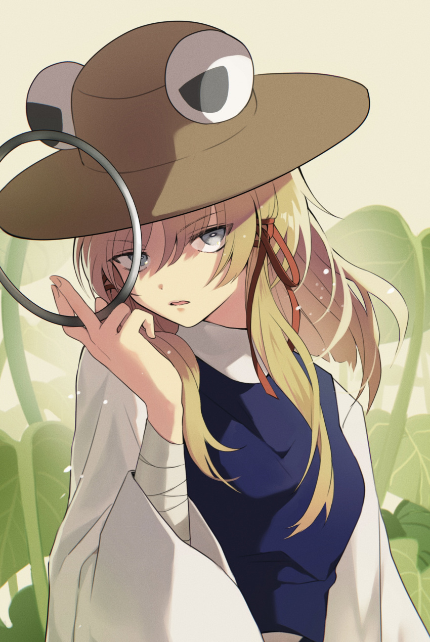 1girl absurdres arm_at_side blonde_hair blunt_ends bright_pupils brown_hat commentary day english_commentary eyes_visible_through_hair fighting_stance fingernails green_background grey_eyes hair_between_eyes hair_ribbon hand_up head_tilt highres holding holding_jewelry holding_ring holding_weapon jewelry leaf long_hair long_sleeves looking_at_viewer moriya's_iron_rings moriya_suwako open_mouth outdoors purple_vest red_ribbon ribbon ring serious shaded_face shirt sidelocks simple_background solo straight_hair touhou tress_ribbon tsurime upper_body v-shaped_eyebrows vest weapon white_pupils white_shirt wide_sleeves xantam0129