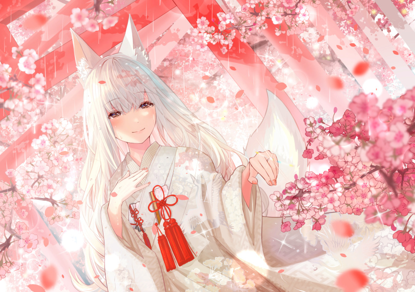 1girl animal_ears cherry_blossoms chinese_knot commission crying crying_with_eyes_open dress fox_ears fox_girl fox_tail hand_on_own_chest highres ito_lab jewelry long_hair original rain ring skeb_commission smile solo tail tassel tears torii wedding wedding_dress wedding_ring white_hair white_tail