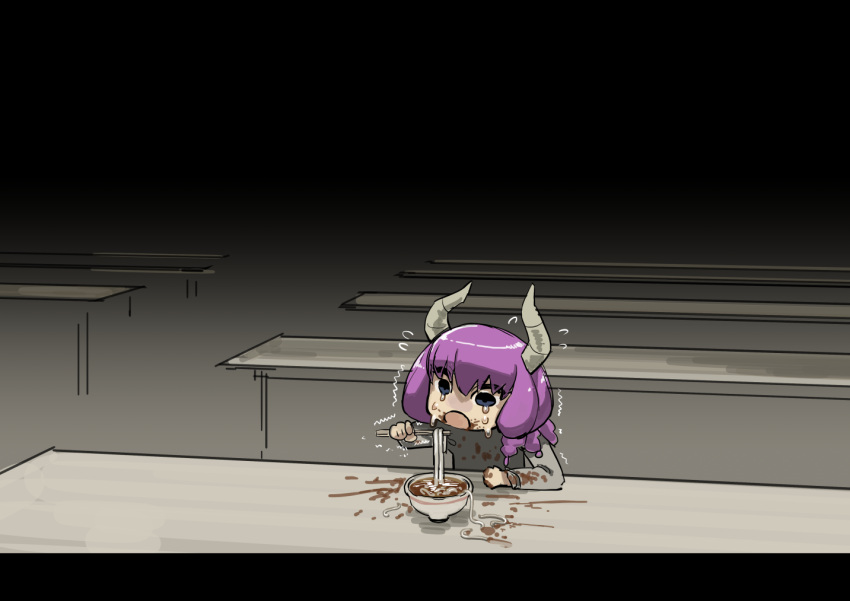 1girl aura_(sousou_no_frieren) bowl chopsticks crying crying_with_eyes_open demon_girl demon_horns eating flying_sweatdrops food food_on_face grey_shirt horns messy noodles open_mouth purple_hair sashizume_soutarou shirt sitting solo sousou_no_frieren tears