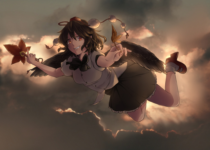 1girl bird_wings black_bow black_bowtie black_hair black_skirt black_wings bobby_socks bow bowtie breasts clouds cloudy_sky commentary_request feathered_wings flying frilled_skirt frills full_body geta hat hauchiwa highres holding holding_leaf leaf mikalina1009 miniskirt pointy_ears pom_pom_(clothes) puffy_short_sleeves puffy_sleeves red_footwear red_hat shameimaru_aya shirt short_sleeves skirt sky small_breasts socks solo tengu-geta tokin_hat touhou white_shirt wings