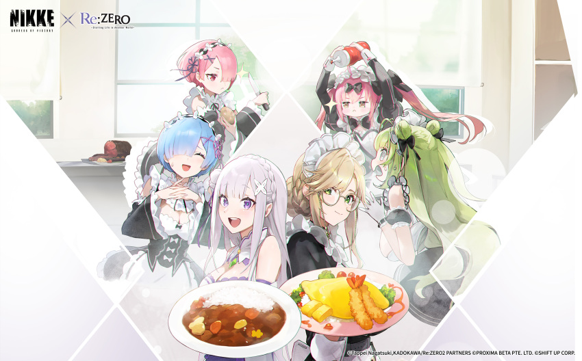 6+girls :&lt; absurdres ade_(nikke) apron arms_up artist_request black_dress blue_hair brown_hair carrot closed_eyes closed_mouth cocoa_(nikke) commentary copyright_name cropped curry curry_rice dress emilia_(re:zero) english_commentary false_smile food gloves goddess_of_victory:_nikke green_eyes green_hair hair_over_one_eye highres holding holding_plate indoors ketchup long_hair long_sleeves looking_at_viewer maid maid_apron maid_headdress medium_hair multiple_girls omelet omurice open_mouth own_hands_together pink_eyes pink_hair plate potato ram_(re:zero) re:zero_kara_hajimeru_isekai_seikatsu rem_(re:zero) rice second-party_source shrimp shrimp_tempura smile soda_(nikke) sparkle sweatdrop tempura violet_eyes white_dress white_gloves white_hair worried