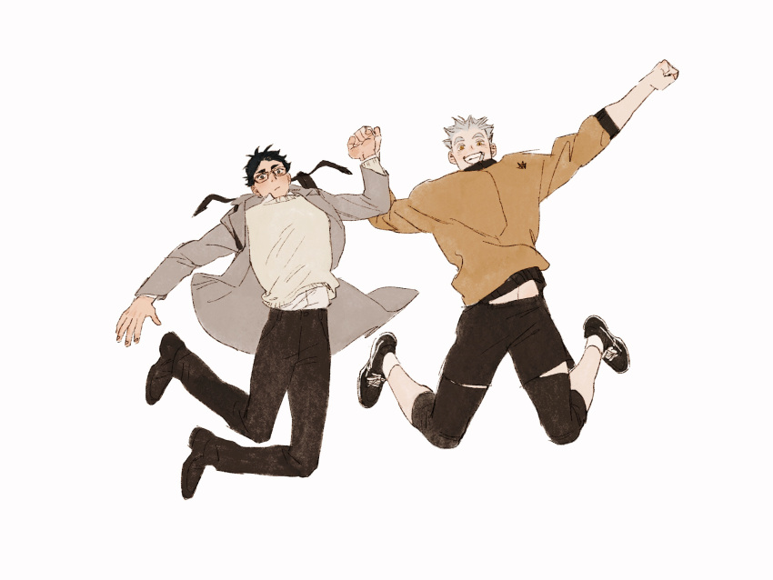 2boys akaashi_keiji arm_up arms_up black_footwear black_hair black_pants black_shorts blue_eyes bokuto_koutarou brown_eyes brown_jacket brown_sweater chengongzi123 closed_mouth coat collared_coat commentary full_body glasses grey_coat grey_hair grin haikyuu!! hand_grab hand_up highres jacket jumping long_sleeves looking_at_viewer male_focus midriff_peek multiple_boys pants shoes short_hair shorts simple_background smile sneakers sweater symbol-only_commentary thick_eyebrows very_short_hair white_background