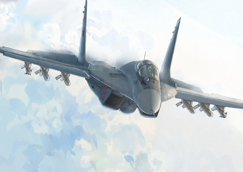 absurdres air-to-air_missile aircraft airplane clouds cloudy_sky fighter_jet ground_effect highres jet mig-29 military_vehicle mirroraptor no_humans original r-27_vympel r-73_vympel russian_commentary sky translation_request