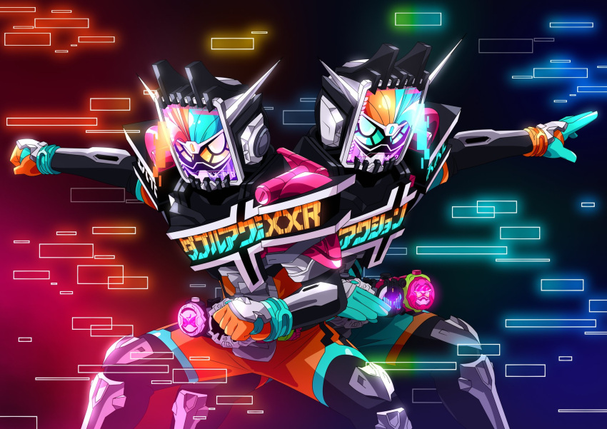 1boy 2boys armor black_bodysuit bodysuit breastplate clenched_hand clock_hands commentary_request controller decade_rider_watch double_action_gamer_level_x dust_cloud ex-aid_armor ex-aid_rider_watch game_controller gamer_driver gashat goggles hammer health_bar helmet highres kamen_rider kamen_rider_ex-aid kamen_rider_ex-aid_(series) kamen_rider_zi-o kamen_rider_zi-o_(series) male_focus mighty_brothers_xx multiple_boys open_hand otokamu pink_eyes pink_hair rider_gashat siblings spiky_hair sword translation_request twins video_game weapon