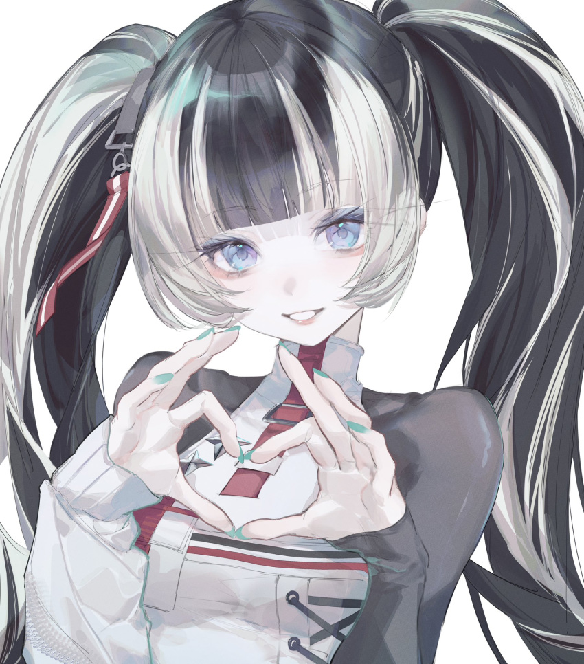 1girl asymmetrical_sleeves black_hair blonde_hair blue_eyes blunt_bangs hashtag-only_commentary heart heart_hands highres hololive hololive_dev_is juufuutei_raden long_hair looking_at_viewer multicolored_hair official_alternate_costume simple_background smile solo streaked_hair suimin_(sui_0y0) turtleneck twintails upper_body virtual_youtuber white_background