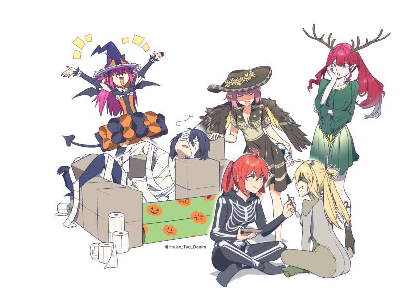 1boy 5girls animal_ears artoria_caster_(fate) artoria_pendragon_(fate) baobhan_sith_(fate) bat_wings black_hair blonde_hair box breasts brown_dress circe_(fate) closed_eyes commentary crossed_legs demon_tail dress elizabeth_bathory_(fate) elizabeth_bathory_(halloween_caster)_(fate) english_commentary fake_antlers fate/grand_order fate_(series) green_dress green_skirt grey_eyes hat highres hooves house_tag_denim jack-o'-lantern long_hair multiple_girls oberon_(fate) oberon_(third_ascension)_(fate) open_mouth orange_eyes orange_hair paintbrush pink_hair pointy_ears pumpkin short_hair skeleton_print skirt skull tail toilet_paper twintails twitter_username white_background wings witch_hat yellow_eyes