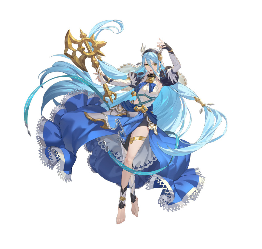 1girl asymmetrical_legwear axe azura_(fire_emblem) azura_(song's_reflection)_(fire_emblem) barefoot blue_hair dress elbow_gloves fake_horns fingerless_gloves fire_emblem fire_emblem_fates fire_emblem_heroes full_body gloves hair_between_eyes hairband horned_headwear horns jewelry juliet_sleeves long_hair long_sleeves official_art puffy_sleeves second-party_source simple_background smile solo teffish veil very_long_hair white_veil yellow_eyes