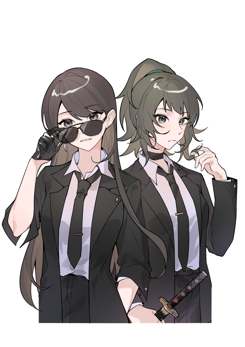 2girls absurdres adjusting_eyewear bang_dream! bang_dream!_it's_mygo!!!!! black_choker black_gloves black_jacket black_necktie black_pants black_suit brown_hair chinese_commentary choker closed_mouth collared_shirt commentary_request commission earrings gloves green_eyes hand_in_own_hair highres holding holding_sword holding_weapon jacket jewelry katana long_hair looking_at_viewer multiple_girls necktie pants parted_lips second-party_source shiina_taki shirt suit sunglasses sword tsumalan violet_eyes weapon white_shirt yahata_umiri