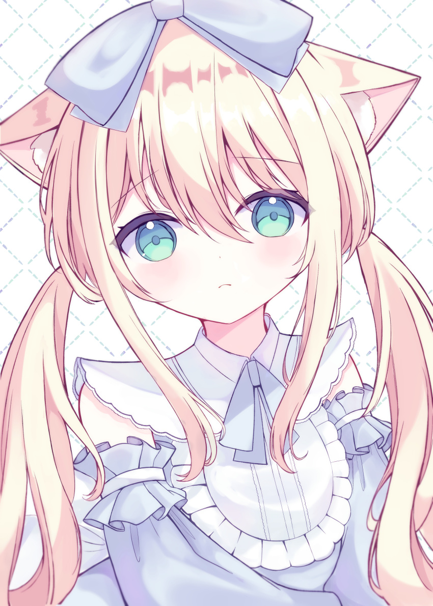 1girl absurdres animal_ear_fluff animal_ears blonde_hair blue_eyes blush bow cat_ears cat_girl collared_shirt detached_sleeves frilled_shirt_collar frills frown future_c0v0c hair_bow highres long_hair low_twintails neck_ribbon original ribbon shirt sleeveless sleeveless_shirt solo twintails
