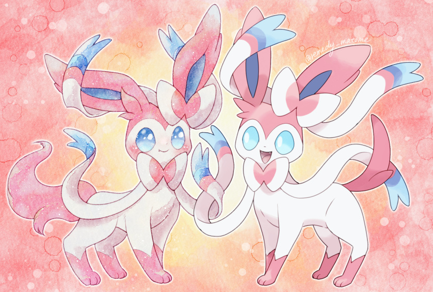 :d blue_eyes bright_pupils commentary fangs happy highres no_humans open_mouth outline pokemon pokemon_(creature) remedy_matome smile standing sylveon tongue white_pupils