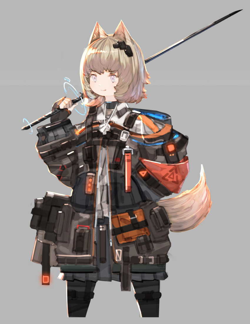 1girl :q absurdres animal_ear_fluff animal_ears belt belt_collar black_belt black_coat black_pantyhose blonde_hair closed_mouth coat collar collared_shirt commentary cropped_legs grey_background hair_ornament hand_in_pocket highres holding holding_polearm holding_weapon hood hood_down hooded_coat orange_armband orange_belt original over_shoulder pantyhose pocket polearm puremage shirt short_hair simple_background smile solo tail thigh_belt thigh_strap tongue tongue_out too_many too_many_belts violet_eyes weapon weapon_over_shoulder white_shirt wolf_ears wolf_tail