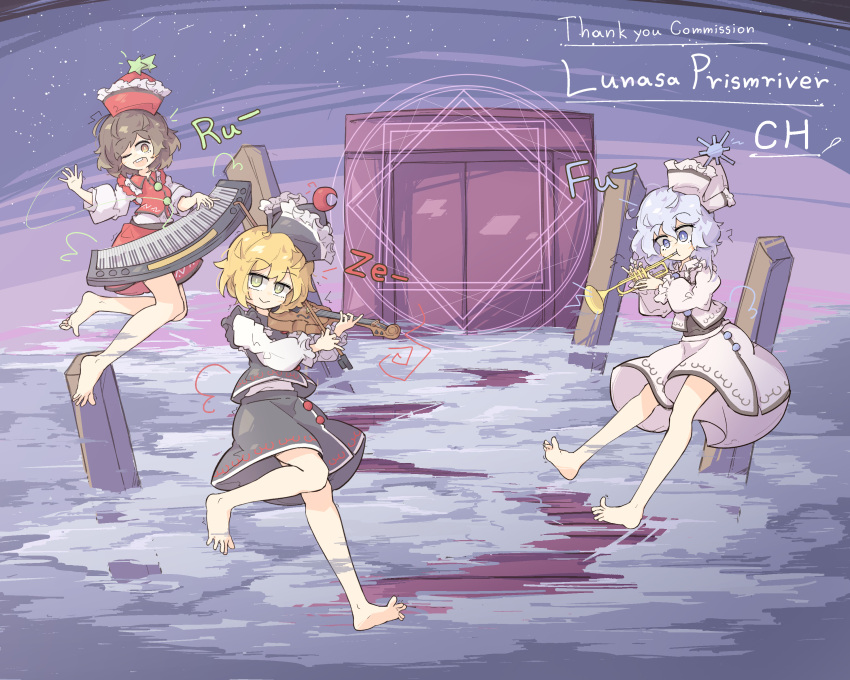 3girls absurdres barefoot barrier_of_life_and_death_(touhou) black_hat black_jacket black_skirt commission english_text feet highres instrument jacket keyboard_(instrument) looking_at_viewer lunasa_prismriver lyrica_prismriver merlin_prismriver multiple_girls music perfect_cherry_blossom playing_instrument primsla red_hat red_jacket red_skirt shirt skirt toes touhou trumpet violin white_hat white_jacket white_shirt white_skirt