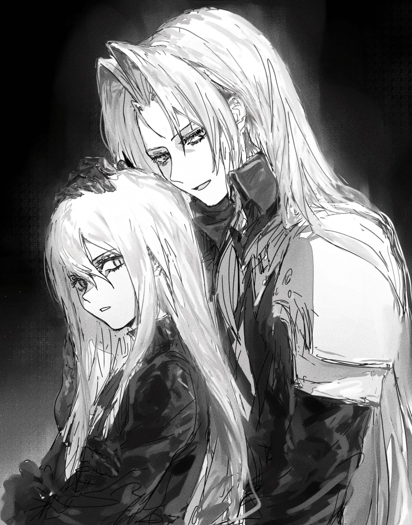 2boys :o armor black_background chest_strap coat crossed_arms final_fantasy final_fantasy_vii final_fantasy_vii_advent_children greyscale hair_between_eyes hand_on_another's_head hashtag-only_commentary high_collar highres hvfwuxq5y4fyvwk light_smile long_hair long_sleeves looking_back male_focus monochrome multiple_boys parted_bangs pauldrons sephiroth shoulder_armor slit_pupils standing upper_body very_long_hair yazoo