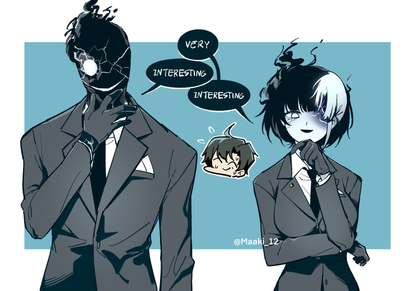 1boy 1girl absurdres arm_under_breasts black_gloves black_necktie black_suit black_suit_(blue_archive) blue_archive chibi chibi_inset collared_shirt commentary dual_persona english_text flying_sweatdrops formal genderswap genderswap_(mtf) gloves glowing glowing_eye hand_on_own_chin highres looking_at_viewer maaki12 muted_color necktie romaji_commentary sensei_(blue_archive) sensei_(blue_archive_the_animation) shirt simple_background smile speech_bubble suit sweatdrop twitter_username watermark white_shirt
