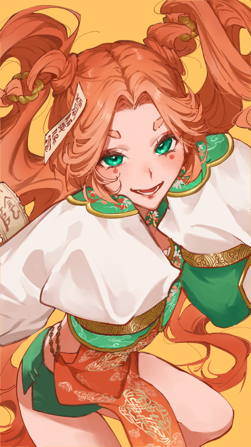 1girl character_request chinese_clothes commission copyright_request eyeshadow facial_mark feet_out_of_frame green_eyes green_skirt highres long_hair looking_at_viewer lower_teeth_only makeup miniskirt ofuda ofuda_on_head open_mouth orange_background orange_hair parted_bangs pelvic_curtain red_eyeshadow short_eyebrows skirt sleeves_past_fingers sleeves_past_wrists smile solo teeth twintails very_long_hair zuraa_(naunau_seijin)