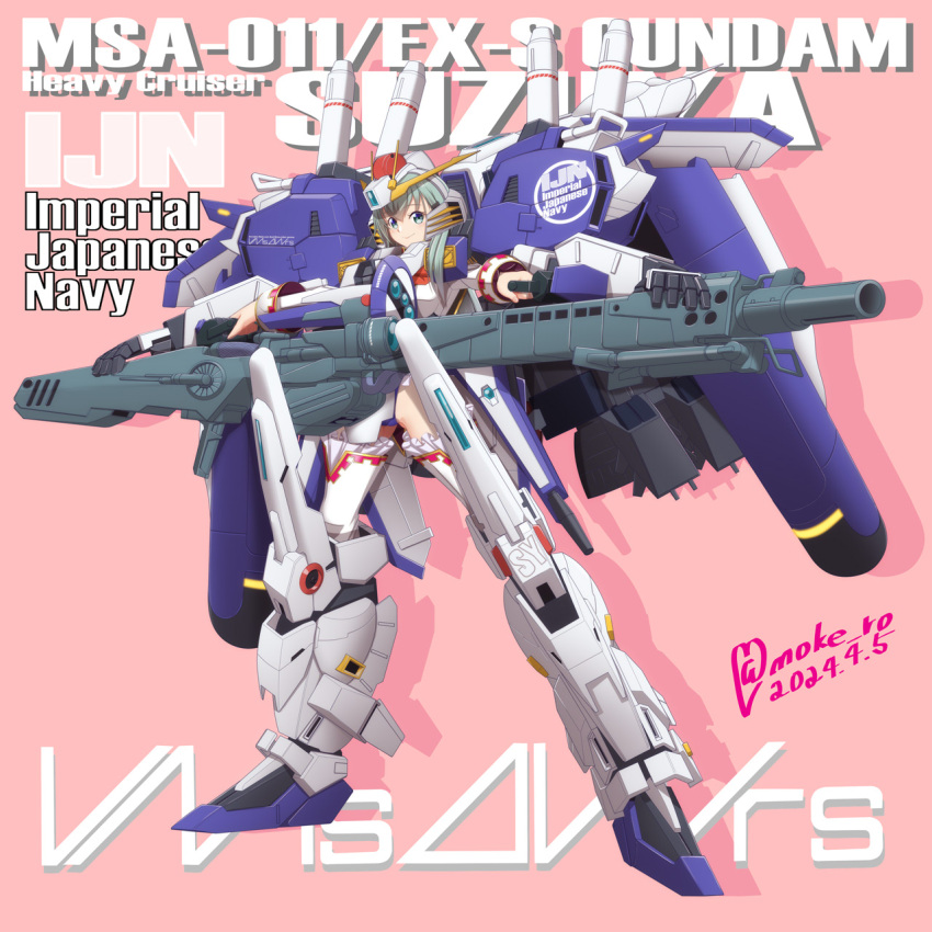 1girl aqua_eyes aqua_hair armor beam_saber blush breasts character_name commission dated energy_cannon energy_gun ex-s_gundam gradient_background gundam gundam_sentinel hair_ornament hairclip highres holding holding_weapon kantai_collection large_breasts long_hair looking_at_viewer mecha_musume moke_ro pink_background pixiv_commission signature smile suzuya_(kancolle) thrusters weapon