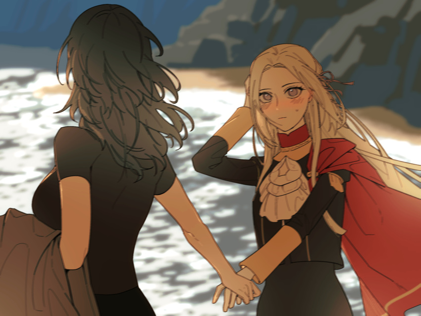 2girls ascot b_(wldms6650) beach black_hair black_shirt blush breasts byleth_(female)_(fire_emblem) byleth_(fire_emblem) cape closed_mouth commentary edelgard_von_hresvelg english_commentary fire_emblem fire_emblem:_three_houses highres holding_hands large_breasts long_hair looking_at_another multiple_girls ocean outdoors red_cape rock shirt shore short_sleeves sweatdrop upper_body violet_eyes white_ascot white_hair yuri