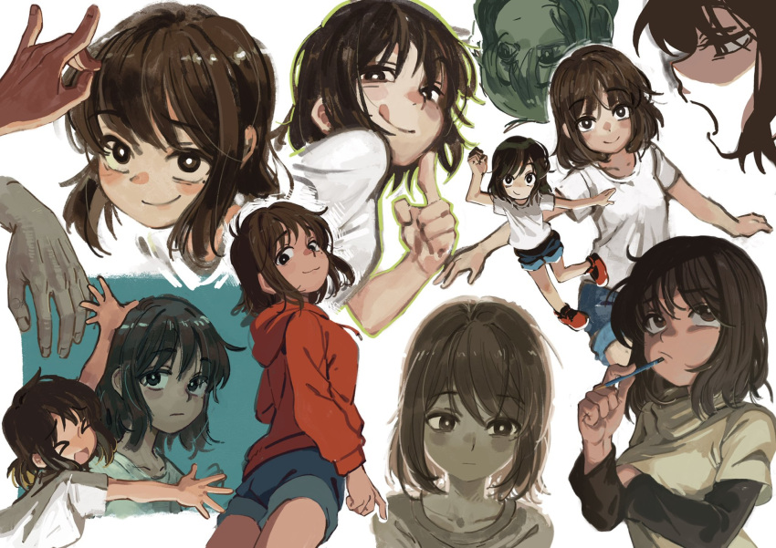 &gt;_&lt; 1girl :q blush brown_eyes brown_hair chou_(danny8461) expressionless expressions highres hood hoodie looking_at_viewer multiple_views open_mouth original red_hoodie shirt shoes short_hair shorts sketch smile sneakers t-shirt thinking tongue tongue_out