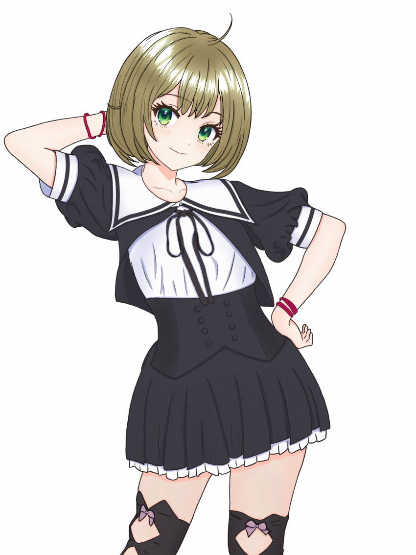 1girl ahoge arm_behind_head assault_lily black_ribbon black_skirt blush brown_hair buttons closed_mouth clothing_cutout cowboy_shot cropped_jacket frilled_skirt frills green_eyes hand_on_own_head hand_on_own_hip hand_up highres leg_cutout looking_at_viewer miniskirt mole mole_under_eye neck_ribbon pickles_(picpicpickles) pink_ribbon puffy_short_sleeves puffy_sleeves ribbon school_uniform seike_tomoyo short_hair short_sleeves simple_background skirt smile solo standing underbust white_background wrist_ribbon yurigaoka_girls_academy_school_uniform