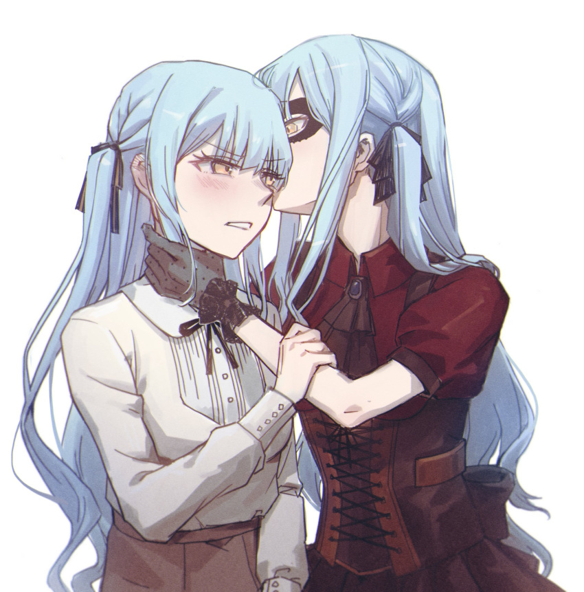 2girls ascot auo123 bang_dream! bang_dream!_it's_mygo!!!!! black_ascot black_corset black_gloves black_mask black_ribbon blue_brooch blue_hair blush brown_skirt commentary corset dual_persona gloves hair_ribbon hand_on_another's_neck highres long_hair mask masquerade_mask multiple_girls neck_ribbon open_mouth puffy_short_sleeves puffy_sleeves red_shirt ribbon shirt short_sleeves sidelocks simple_background skirt togawa_sakiko white_background white_shirt