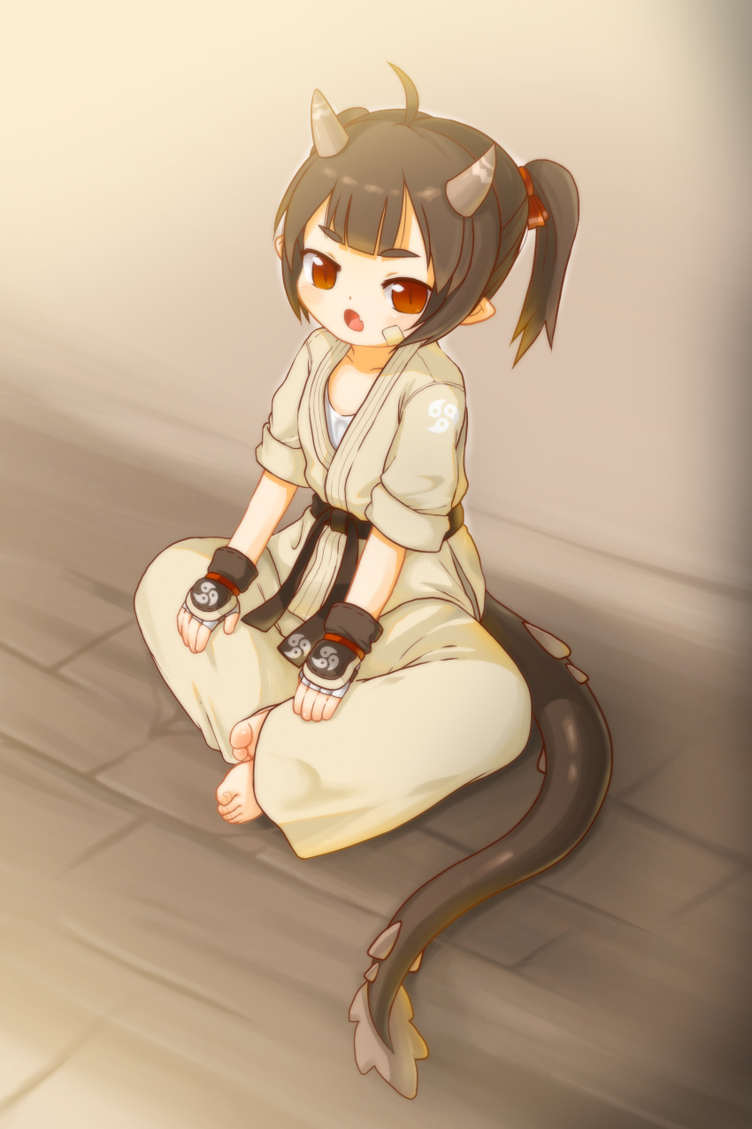 1girl absurdres ahoge barefoot belt black_belt black_hair chinese_commentary commentary_request dougi dragon_girl fang full_body grey_pants highres horns kuma-bound martial_arts_belt open_mouth original pants red_eyes sitting skin_fang solo tail toes twintails