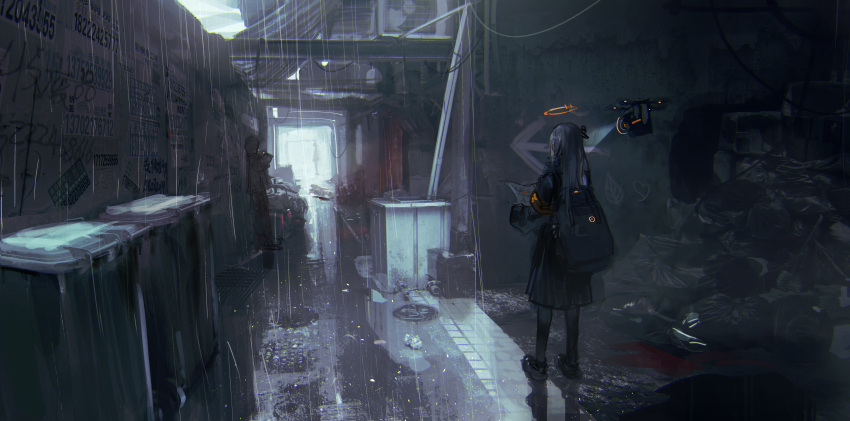 1girl 2others absurdres alley commentary condenser_unit drone from_behind grey_hair halo highres hood hood_up leaning lemtun long_sleeves multiple_others original outdoors puddle rain scenery standing tiles trash trash_can wide_shot