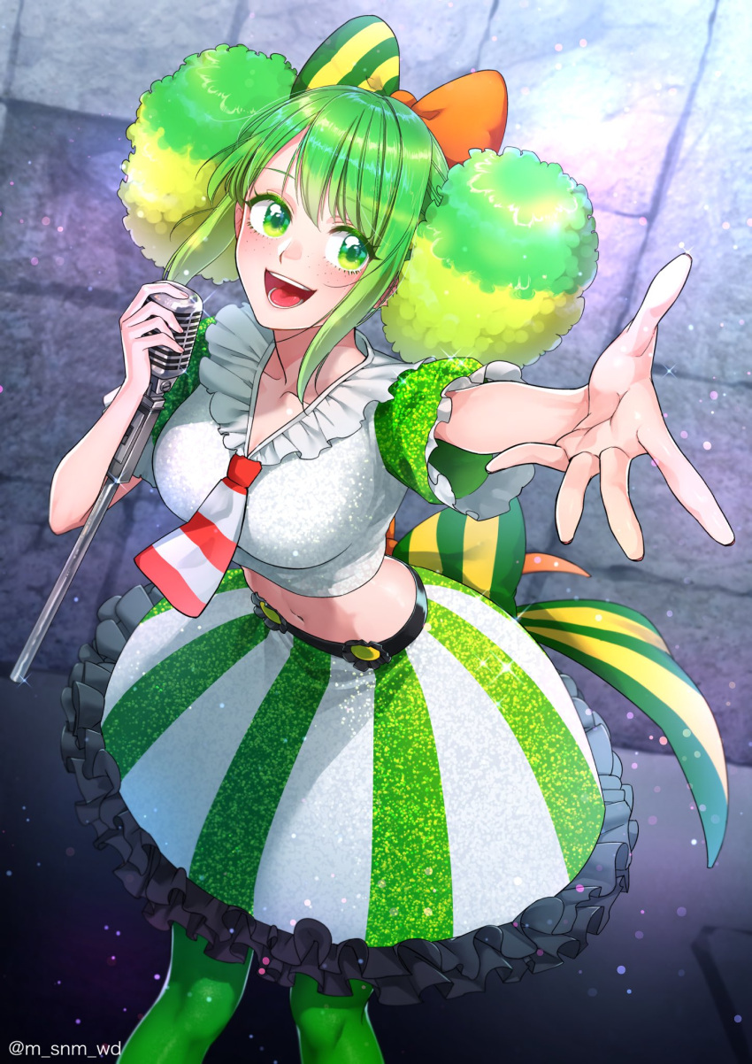 1girl ann_(one_piece) arm_up bow commentary_request cowboy_shot crop_top double_bun freckles frilled_shirt frilled_skirt frills from_above green_eyes green_hair green_pantyhose green_skirt hair_bow hair_bun hand_up highres holding holding_microphone microphone multicolored_hair nakumonaga_uma necktie one_piece one_piece:_stampede open_mouth pantyhose reaching reaching_towards_viewer shirt sidelocks skirt smile solo striped_clothes striped_skirt twitter_username two-tone_hair two-tone_skirt vertical-striped_clothes vertical-striped_skirt vintage_microphone white_skirt