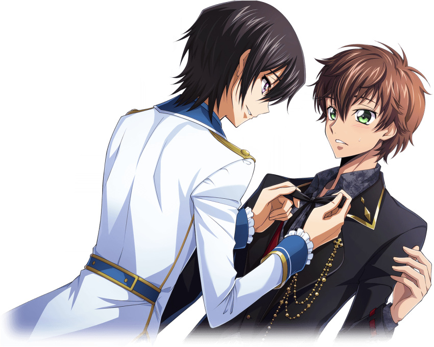 2boys adjusting_another's_clothes arm_at_side artist_request black_hair black_jacket black_ribbon blush brown_hair code_geass code_geass:_lost_stories collared_shirt cropped_torso dutch_angle eye_contact game_cg gold_trim green_eyes grey_shirt hair_between_eyes hand_up hands_up happy jacket kururugi_suzaku lelouch_vi_britannia light_blush long_sleeves looking_at_another male_focus multiple_boys neck_ribbon non-web_source official_art parted_lips ribbon shirt short_hair sidelocks simple_background smile standing sweat teeth transparent_background upper_body violet_eyes white_jacket
