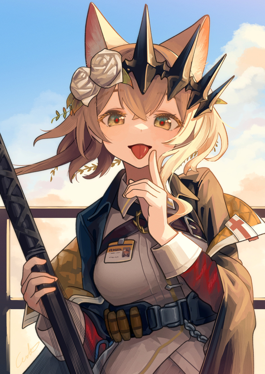 1girl :p absurdres ammunition animal_ear_fluff animal_ears arknights belt black_tiara blonde_hair blue_sky breasts cat_ears clouds collared_shirt commentary_request crossed_bangs finger_to_cheek flower green_eyes hair_flower hair_ornament highres holding holding_staff id_card jacket looking_at_viewer medium_breasts outdoors shirt short_hair sky solo staff tiara tongue tongue_out upper_body vendela_(arknights) welt_(kinsei_koutenkyoku) white_flower white_shirt yellow_jacket