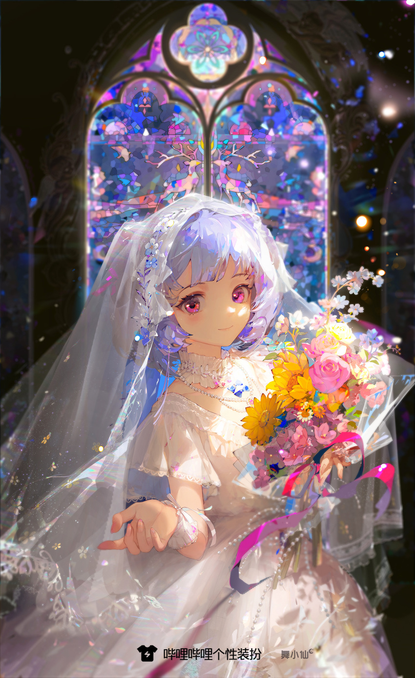 1girl beckoning blue_hair blunt_bangs bouquet bridal_veil bride check_copyright chinese_text church closed_mouth commission copyright_request cowboy_shot daisy dress eyelashes flower hair_flower hair_ornament highres holding holding_bouquet jewelry lace-trimmed_sleeves lace-trimmed_wrist_cuffs lace_trim light_blush light_particles looking_at_viewer necklace official_art orange_flower outstretched_hand pink_eyes pink_flower pink_ribbon pink_rose ribbon rose shining_nikki short_hair short_sleeves smile solo stained_glass sunflower tulip veil wedding_dress white_dress white_flower white_ribbon white_sleeves white_veil white_wrist_cuffs wrist_cuffs wrist_ribbon wu_xiao_xian yellow_flower