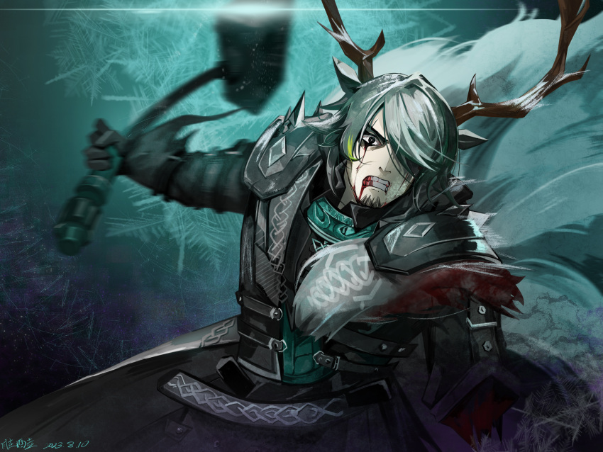 1boy absurdres amputee animal_ears antlers arknights armor black_jacket black_shirt blood blood_from_mouth blood_on_clothes blood_on_face dated deer_antlers deer_boy deer_ears eikthyrnir_(arknights) facial_hair goatee_stubble green_armor grey_armor grey_eyes grey_hair hammer highres holding holding_hammer holding_weapon horns jacket scar scar_across_eye serious shirt short_hair shoulder_armor spikes stubble weapon zizaijiuhu