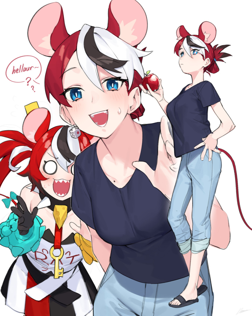2girls animal_ear_fluff animal_ears black_hair blue_eyes collar collarbone dasdokter denim embarrassed hakos_baelz hakos_baelz_(1st_costume) highres hololive hololive_english jeans key looking_at_viewer mama_rat_(hakos_baelz) mole mother_and_daughter mouse_ears mouse_girl mouse_tail multicolored_hair multiple_girls pants redhead sandals sharp_teeth simple_background spiked_collar spikes streaked_hair tail teeth twintails virtual_youtuber white_background white_hair