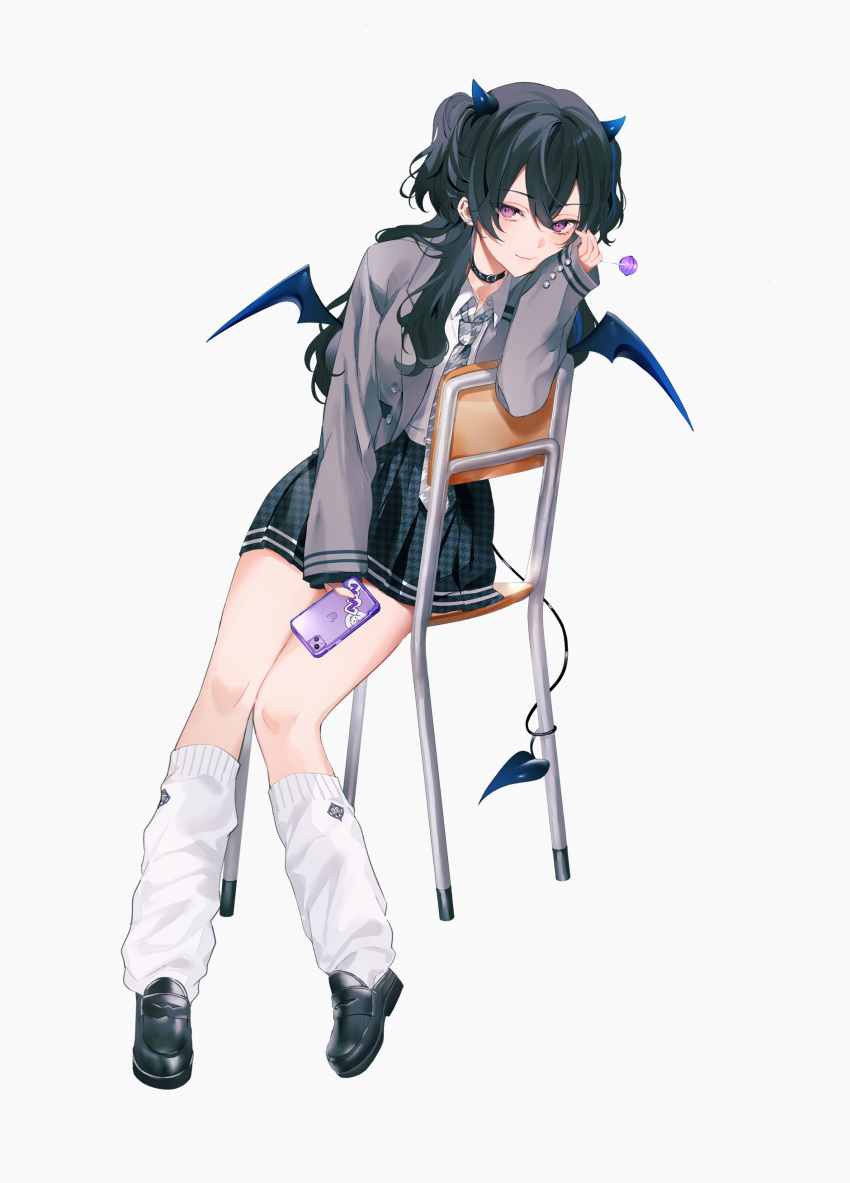 1girl absurdres achiki black_choker black_footwear black_hair black_skirt blazer blue_hair candy cellphone chair choker demon_girl demon_horns demon_tail demon_wings earrings food grey_jacket hand_on_own_face highres holding holding_candy holding_food holding_lollipop holding_phone horns ichinose_uruha ichinose_uruha_(6th_costume) jacket jewelry loafers lollipop long_hair looking_at_viewer loose_socks lupinus_virtual_games multicolored_hair phone pleated_skirt shoes simple_background sitting skirt smartphone smile socks solo streaked_hair tail twintails violet_eyes virtual_youtuber vspo! white_background white_socks wings