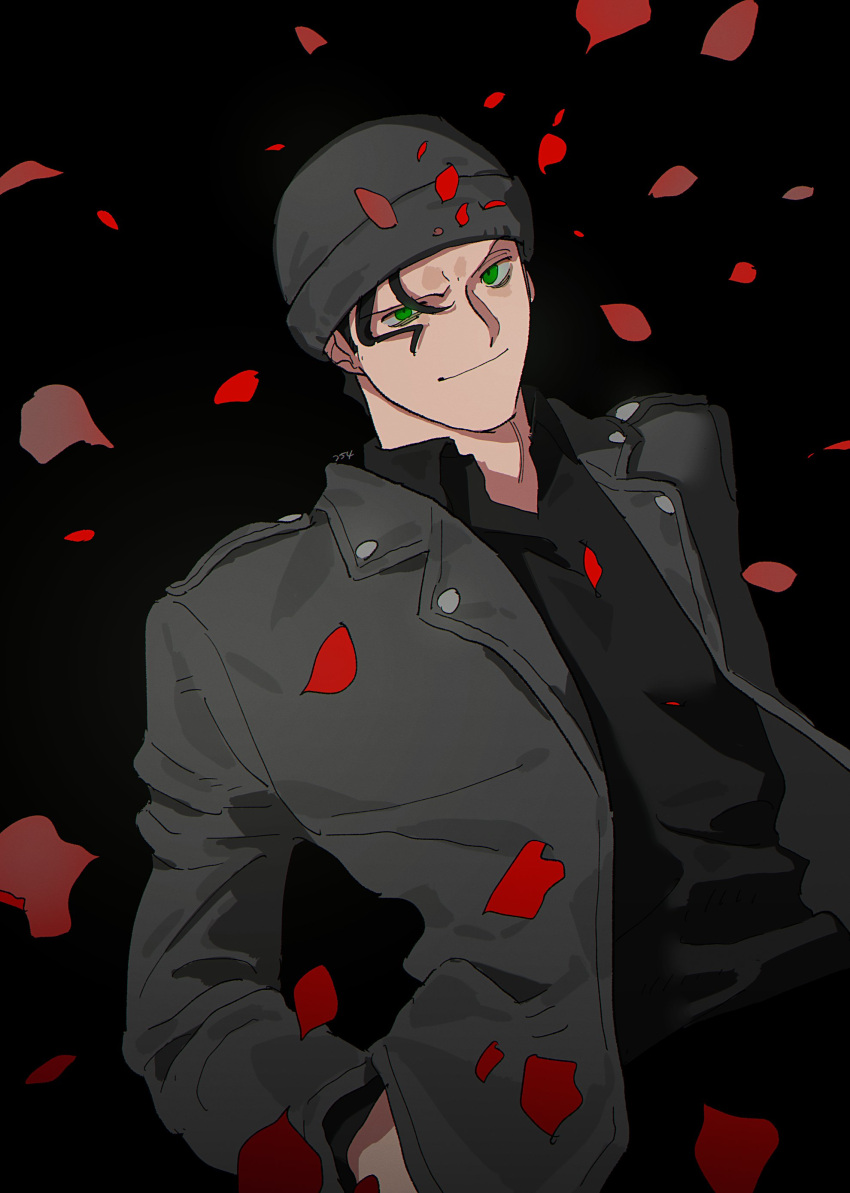 1boy absurdres akai_shuuichi black_background black_shirt collared_shirt commentary cowboy_shot falling_petals green_eyes grin hand_in_pocket hat highres loose_hair_strand male_focus petals popogano red_petals shirt simple_background smile solo symbol-only_commentary