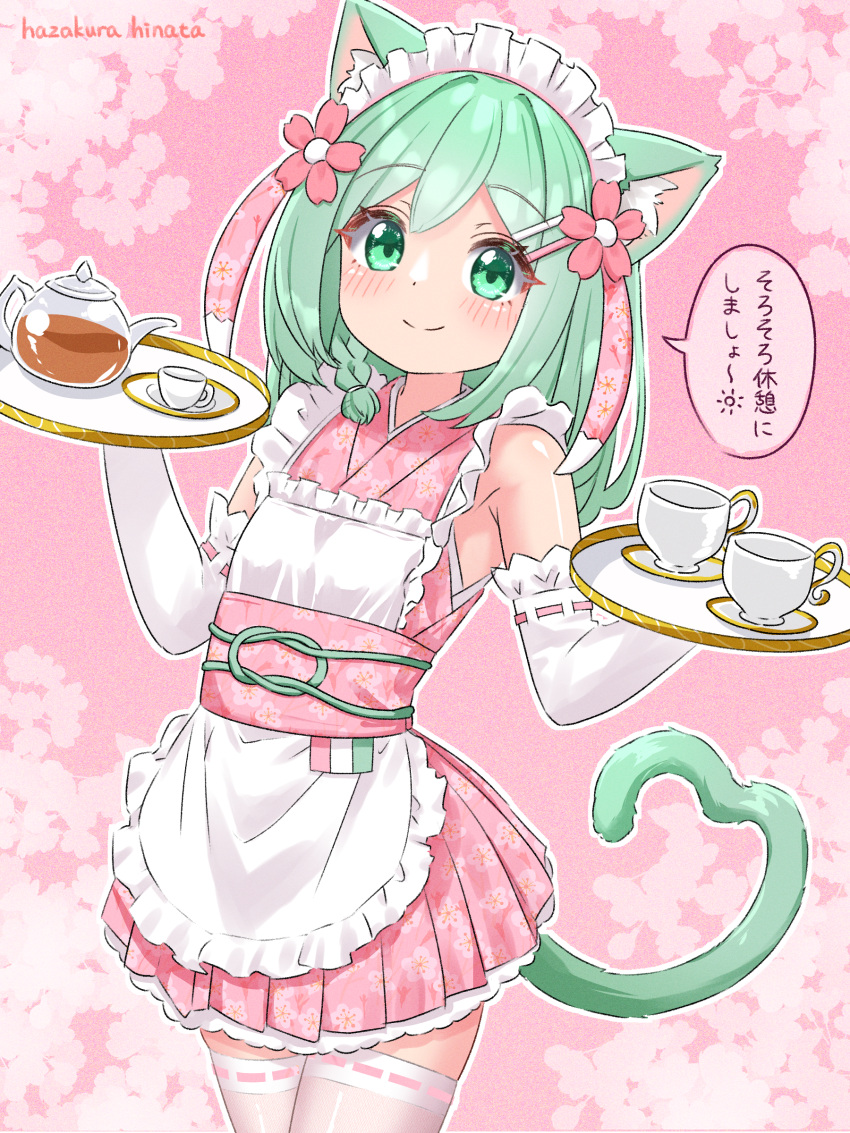 1girl absurdres animal_ear_fluff animal_ears apron blush braid cat_ears cat_girl cat_tail closed_mouth cup elbow_gloves floral_print flower frilled_apron frills gloves green_eyes green_hair hair_flower hair_ornament hairclip hazakura_hinata highres holding holding_tray japanese_clothes kimono looking_at_viewer maid maid_headdress obi original pink_background pink_flower pink_kimono ribbon_trim sash sleeveless sleeveless_kimono smile solo speech_bubble tail teacup teapot thigh-highs translation_request tray variant_set white_apron white_thighhighs