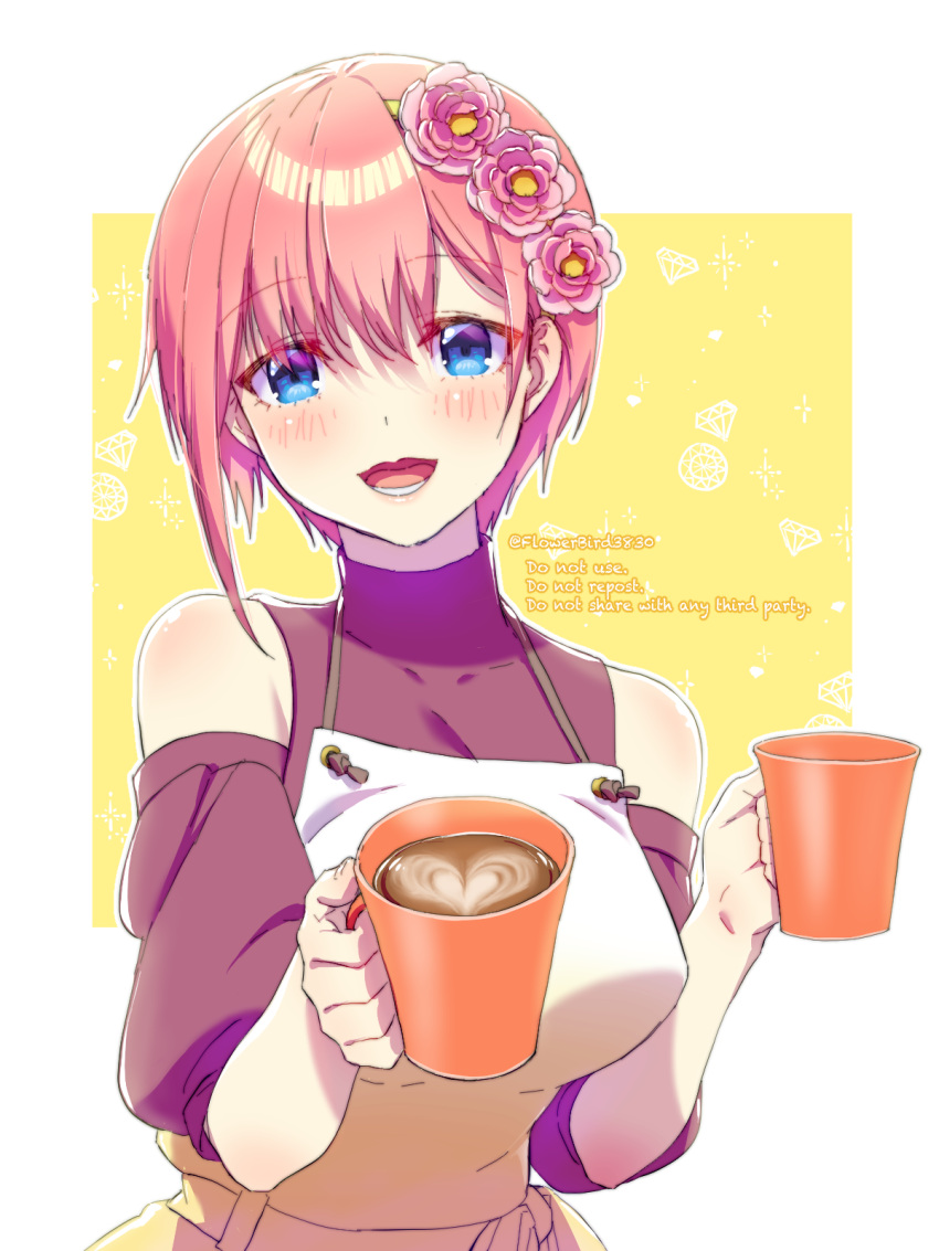 1girl apron blue_eyes blush breasts brown_sweater clothing_cutout cup flower go-toubun_no_hanayome hair_flower hair_ornament heart highres holding holding_cup large_breasts looking_at_viewer nakano_ichika open_mouth pink_hair reaching reaching_towards_viewer short_hair shoulder_cutout solo sweater turtleneck turtleneck_sweater twitter_username upper_body white_apron yu_(flowerbird3830)
