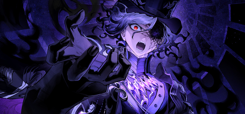1boy black_gloves cross-shaped_pupils edmond_dantes_(fate) fate/grand_order fate_(series) game_cg gloves gradient_hair grey_hair hat looking_at_viewer male_focus multicolored_hair official_art red_eyes solo symbol-shaped_pupils the_count_of_monte_cristo_(fate)
