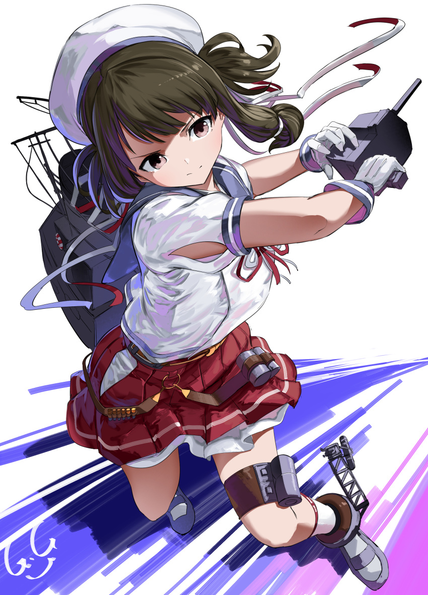 1girl absurdres alternate_costume artist_logo brown_eyes depth_charge full_body gegeron gloves hat highres kantai_collection kurahashi_(kancolle) looking_at_viewer low_twintails machinery pleated_skirt rigging sailor_collar sailor_hat school_uniform skirt smile solo turret twintails white_gloves