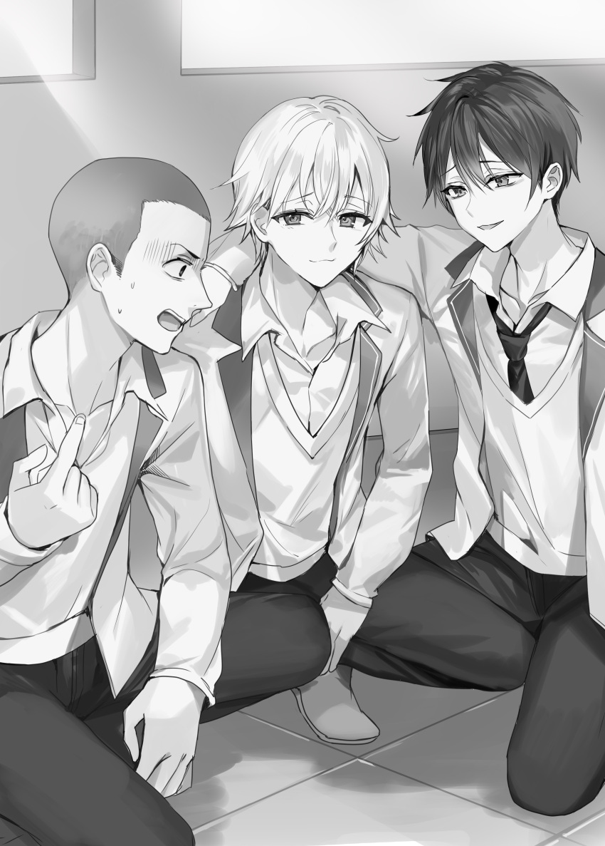 3boys :3 absurdres blazer collarbone collared_shirt commentary_request floor furrowed_brow grey_background hair_between_eyes hand_on_another's_shoulder highres index_finger_raised indoors jacket kiyomiya_hikaru looking_at_another looking_at_viewer looking_to_the_side male_focus maruyama_takeshi masachika_kuze momoko_(momopoco) multiple_boys necktie novel_illustration official_art open_mouth pants parted_lips school_uniform shadow shaved_head shirt short_hair simple_background squatting sweat sweater teeth tokidoki_bosotto_roshia-go_de_dereru_tonari_no_arya-san upper_teeth_only wing_collar