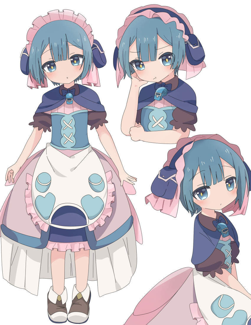 1boy absurdres androgynous apron blue_capelet blue_corset blue_dress blue_eyes blue_hair blush brown_footwear capelet clenched_hand closed_mouth corset dress frilled_apron frills hand_on_own_cheek hand_on_own_face highres light_blush looking_at_viewer made_in_abyss maid maid_apron maid_headdress male_focus maruruk multiple_views otoko_no_ko pout short_hair simple_background solo uis0 whistle whistle_around_neck white_apron white_background yellow_pupils