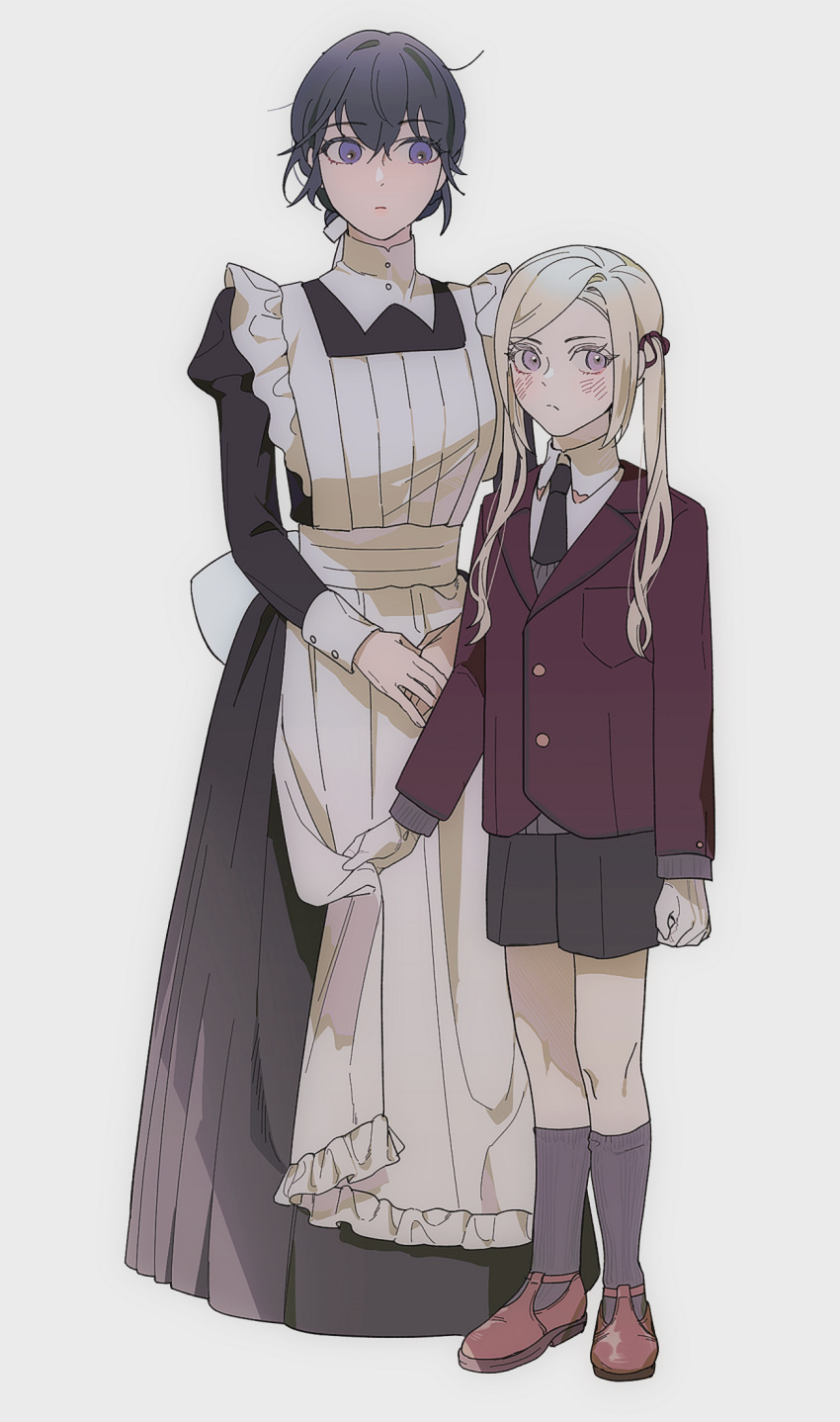 2girls aged_down apron b_(wldms6650) black_dress black_necktie black_shorts blue_hair blush byleth_(female)_(fire_emblem) byleth_(fire_emblem) closed_mouth collared_shirt commentary dress edelgard_von_hresvelg english_commentary fire_emblem fire_emblem:_three_houses full_body grey_background grey_socks highres jacket juliet_sleeves long_hair long_sleeves looking_at_another looking_at_viewer maid maid_apron multiple_girls necktie puffy_sleeves red_footwear red_jacket school_uniform shirt shorts simple_background socks violet_eyes white_apron white_hair white_shirt