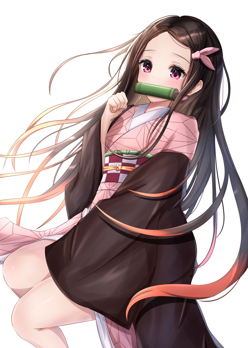 1girl absurdres bit_gag black_hair blush brown_cloak checkered_clothes clenched_hand cloak coat commentary_request covered_mouth dress gag hair_ribbon highres invisible_chair japanese_clothes kamado_nezuko kimetsu_no_yaiba kimono long_hair looking_at_viewer orange_hair pink_dress pink_kimono pink_ribbon ribbon saki_(saki_paint) sitting solo white_background