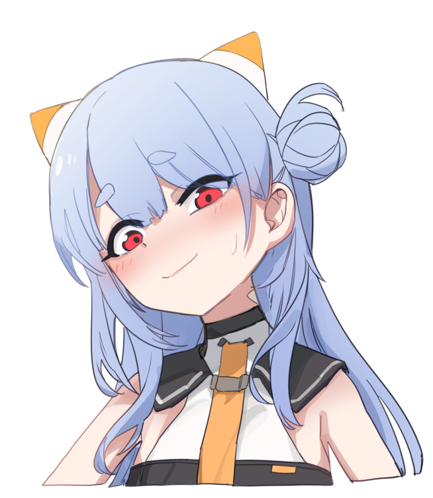 1girl aningay aningay_(vtuber) blue_hair blush closed_mouth cropped_torso hair_bun head_tilt highres indie_virtual_youtuber long_hair looking_at_viewer red_eyes shirt short_eyebrows simple_background single_side_bun smile solo sweat thick_eyebrows upper_body virtual_youtuber white_background white_shirt
