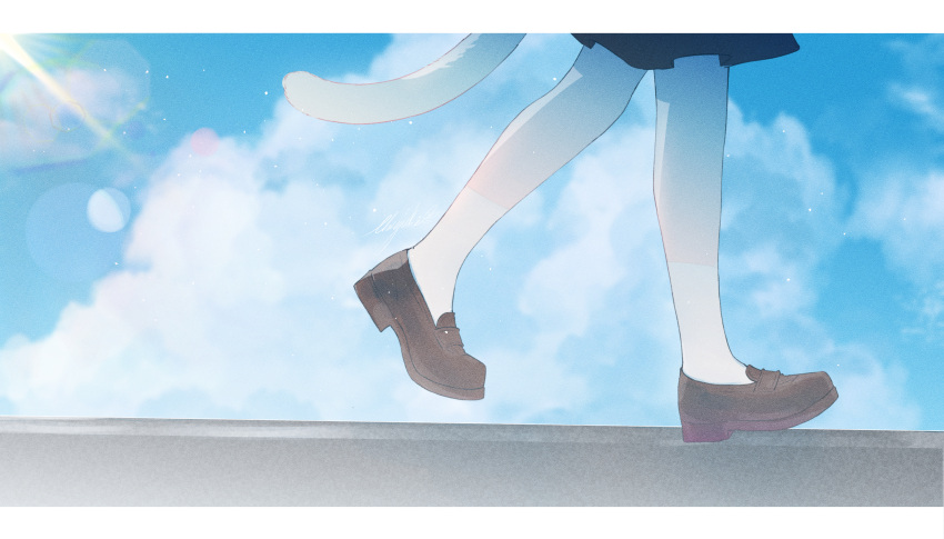 1girl absurdres blue_sky brown_footwear cat_tail chiyuki0321 clouds commentary_request day highres lens_flare light_particles loafers lower_body original outdoors shoes signature sky socks solo tail walking white_socks