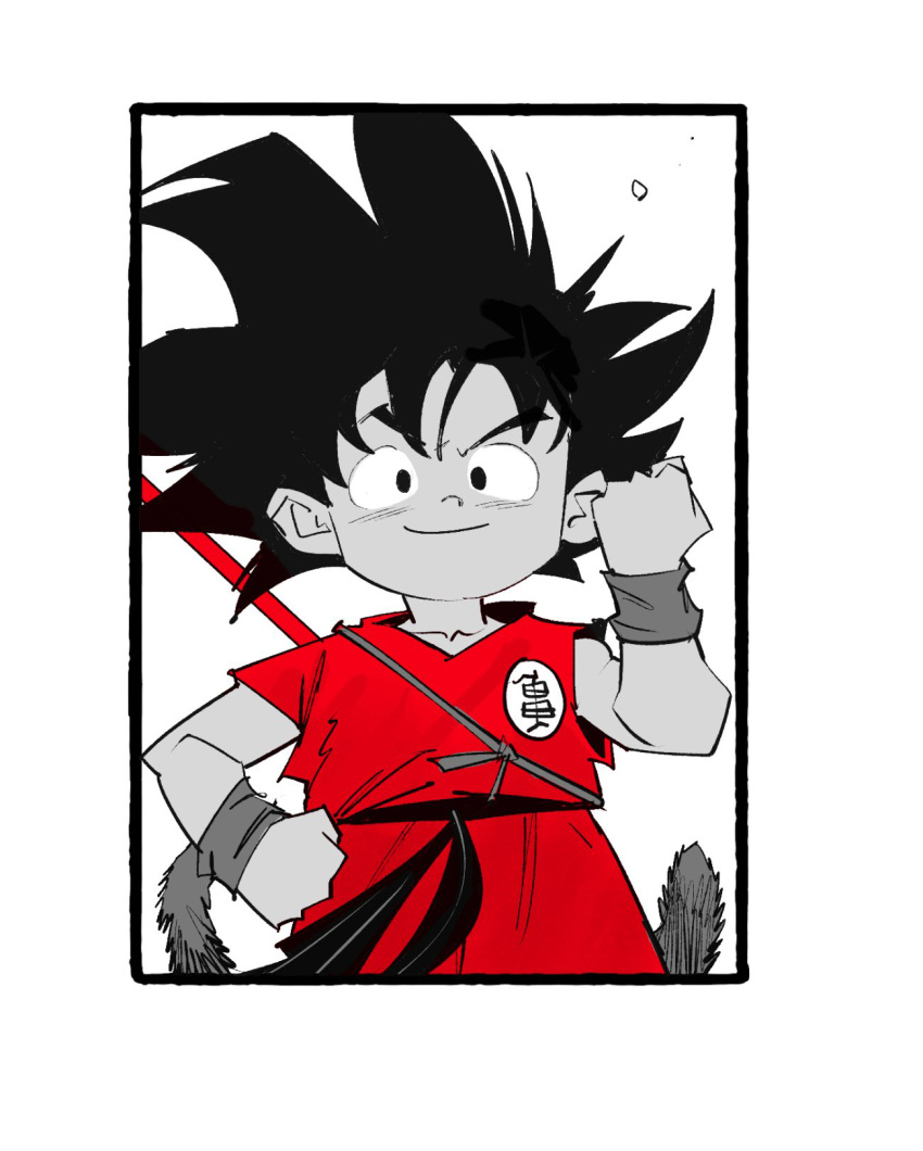 1boy black_border border clenched_hands dan_mora dougi dragon_ball dragon_ball_(classic) hair_behind_ear highres looking_at_viewer male_focus monkey_tail smile solo son_goku spanish_commentary spot_color tail v-shaped_eyebrows white_border wristband