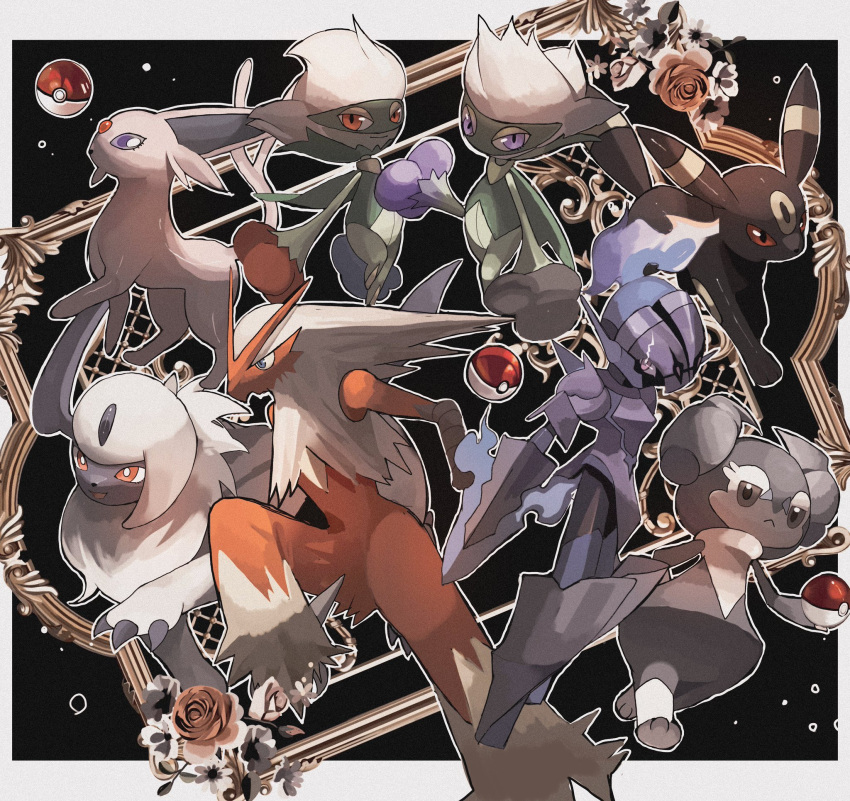 :&lt; absol alternate_color black_fur border ceruledge colored_sclera colored_skin espeon flower green_skin grey_skin highres holding holding_poke_ball indeedee indeedee_(male) no_humans open_mouth outline pink_skin poke_ball pokemon pokemon_(creature) red_eyes red_sclera reo_(mmocc123) rose roserade shiny_pokemon smile two-tone_background umbreon violet_eyes white_border white_fur white_outline
