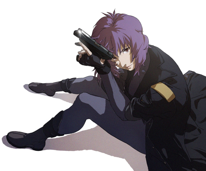 1girl aizheajsee black_coat black_footwear black_gloves black_pants boots chinese_commentary closed_mouth coat commentary_request expressionless fingerless_gloves ghost_in_the_shell ghost_in_the_shell_stand_alone_complex glint gloves gun handgun head_rest highres holding holding_gun holding_weapon knees_up kusanagi_motoko looking_at_viewer medium_hair pants purple_hair shadow simple_background sitting sleeves_rolled_up solo trench_coat trigger_discipline violet_eyes weapon white_background