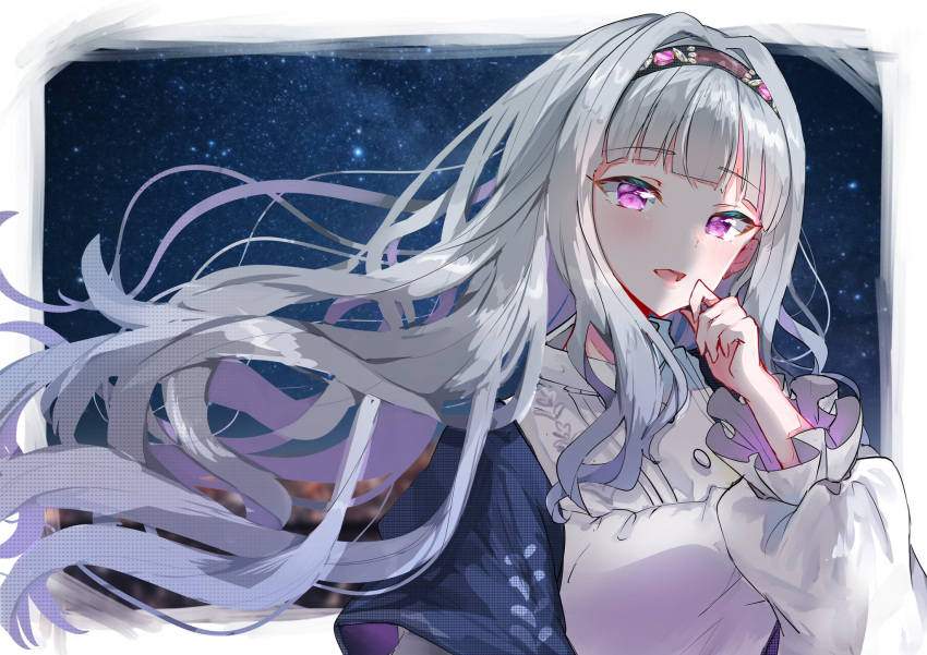 1girl black_hairband blue_shawl blush border breasts floating_hair grey_hair hairband hand_up highres idolmaster idolmaster_(classic) idolmaster_million_live! idolmaster_million_live!_theater_days large_breasts long_hair long_sleeves looking_at_viewer night night_sky open_mouth outside_border shawl shijou_takane shirt sky smile solo star_(sky) starry_sky upper_body violet_eyes white_border white_shirt yuanagae