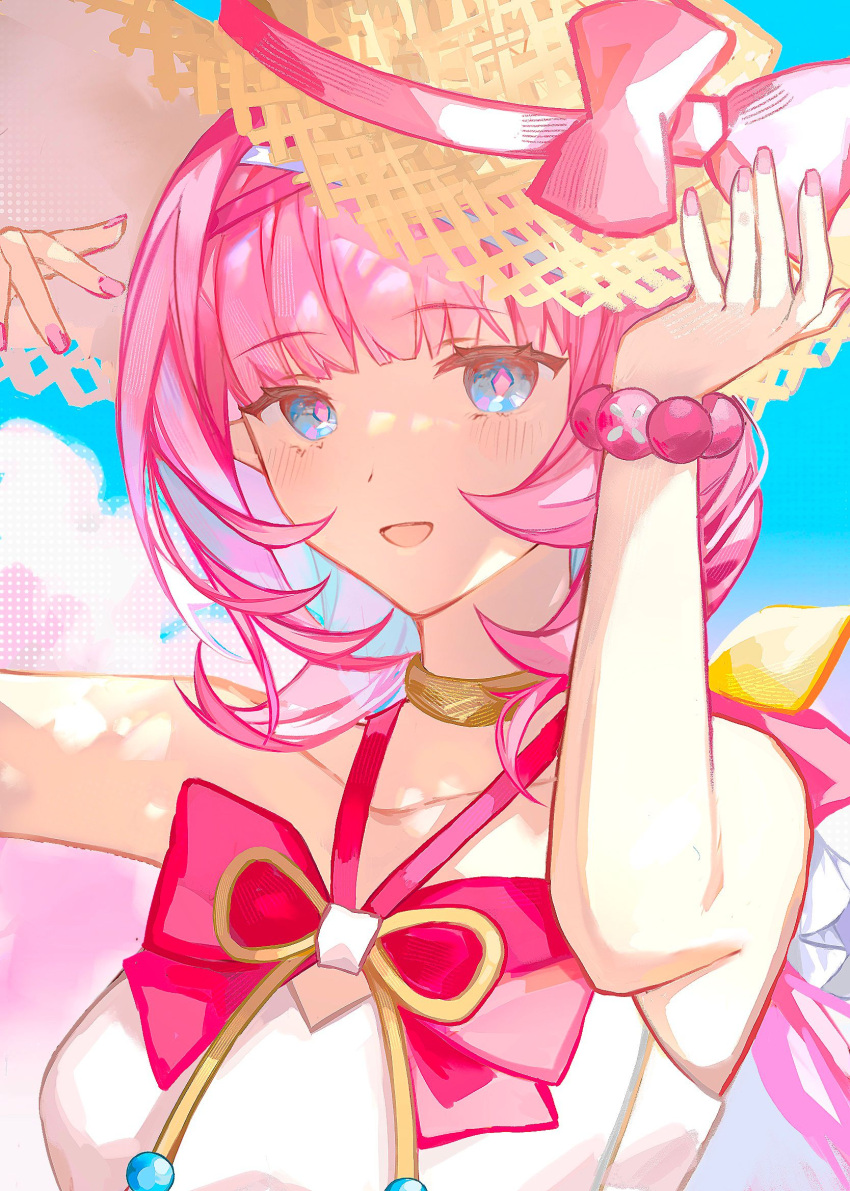 1girl :d annnnq bare_shoulders blue_eyes blue_sky blush bow bowtie bracelet breasts choker elf elysia_(honkai_impact) hair_between_eyes hat highres honkai_(series) honkai_impact_3rd jewelry long_hair looking_at_viewer open_mouth pink_bow pink_bowtie pink_hair pink_nails pink_pupils pointy_ears shirt sky smile solo sun_hat white_shirt